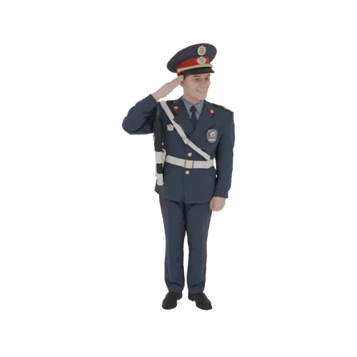 Modelo 3D de um oficial militar em uniforme azul escuro e boné com pala, saudando com a mão direita levantada para a testa.