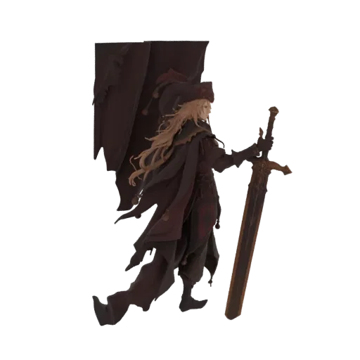 3D model of a Jester Warrior with a large, weathered greatsword, wearing a jester's hat and dark, tattered clothing.
