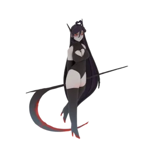3D model of a gothic reaper with long dark hair, a heart-shaped bodysuit, and a blood-stained scythe, posed against a white b