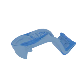 3D model of a transparent blue sports mouthguard, shown from a side angle against a white background.