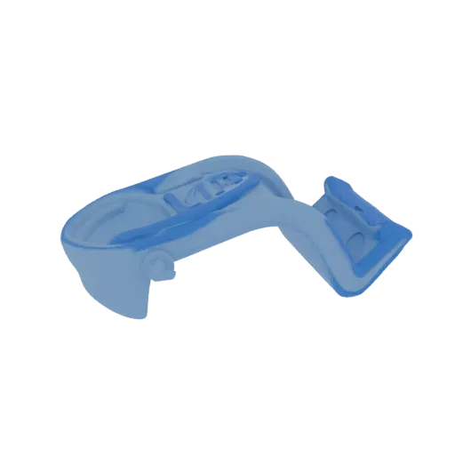 3D model of a transparent blue sports mouthguard, shown from a side angle against a white background.