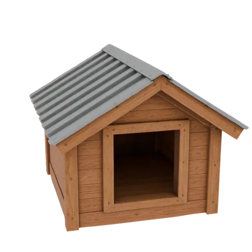 Modèle 3D d'une maisonnette classique en bois pour chien avec un toit en métal ondulé, vu de côté légèrement en plongée.