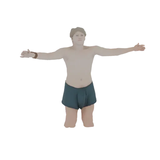 3D model of a light-skinned man with arms outstretched in a triumphant pose, wearing dark teal boxer briefs, against a black