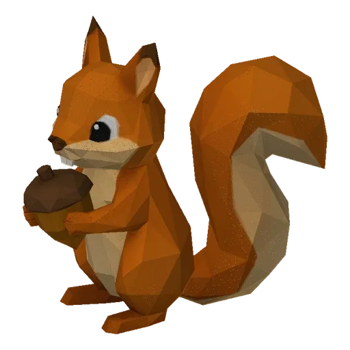 A low poly 3D model of a stylized squirrel with geometric facets, holding a brown acorn in its paws.