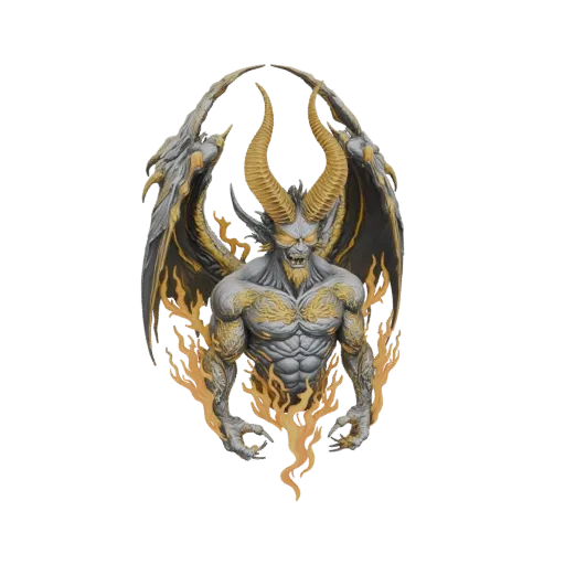 Modelo 3D de um senhor demônio de pele cinza com detalhes dourados, asas grandes e parte inferior flamejante, contra um fundo