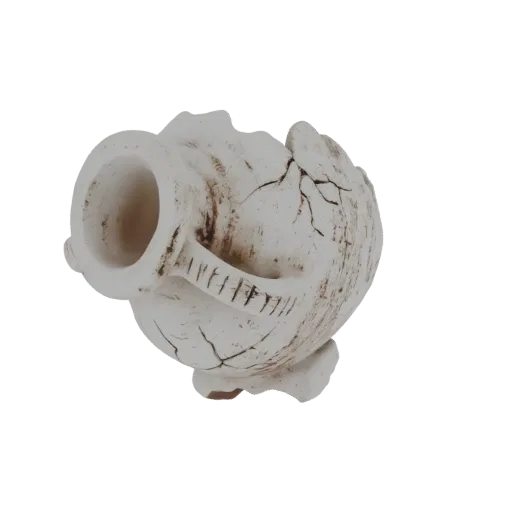 A 3D model of a cracked ancient amphora, showing detailed textures and a weathered appearance, set against a black background