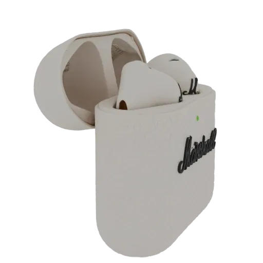 3D model of an open Marshall Motif II ANC earbuds charging case with a textured surface and embossed logo.