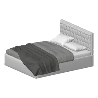3D model of a modern bed with a hexagonal tufted headboard, grey blanket, and white pillows, set against a white background.