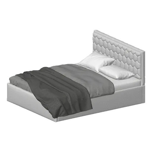 3D model of a modern bed with a hexagonal tufted headboard, grey blanket, and white pillows, set against a white background.