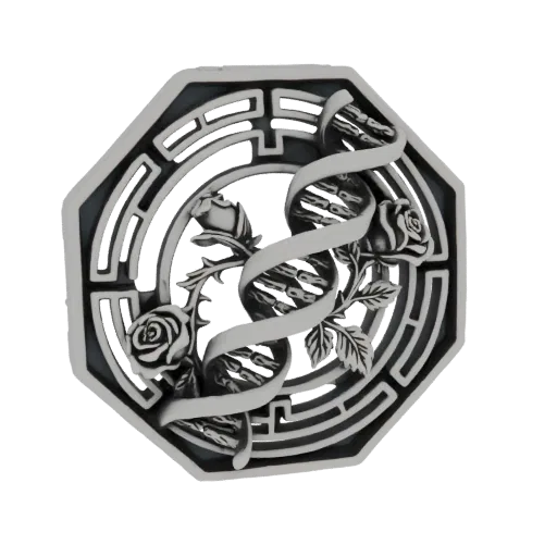 Modelo 3D de un colgante octogonal con una hélice de ADN entrelazada con rosas, renderizado en estilo metálico.