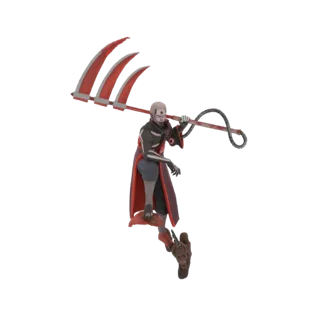 Modelo 3D do personagem Ceifador segurando uma grande foice vermelha de três lâminas, posado dinamicamente contra um fundo br