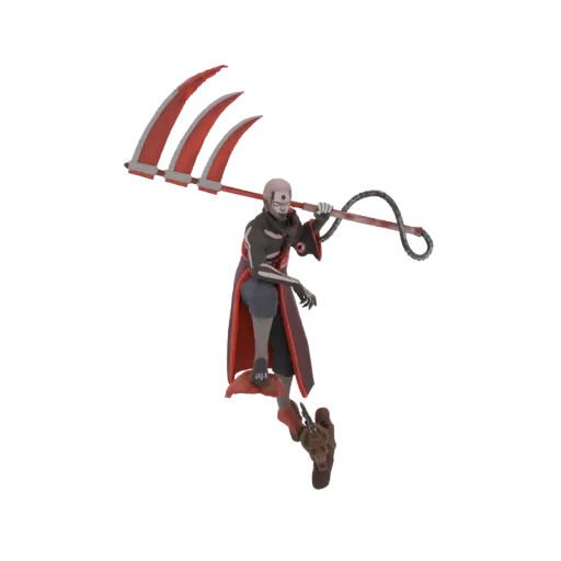 Modelo 3D do personagem Ceifador segurando uma grande foice vermelha de três lâminas, posado dinamicamente contra um fundo br