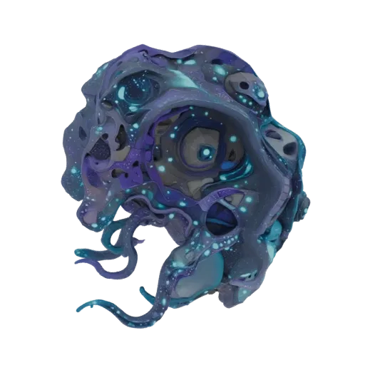 3D model of an alien bio-mechanical entity with translucent purple and cyan shells, glowing blue lights, and twisting tendril