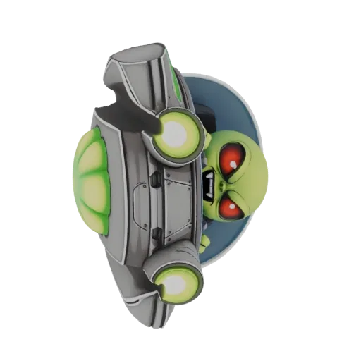 3D model of a green-skinned alien with red eyes piloting a futuristic spaceship with glowing green lights.