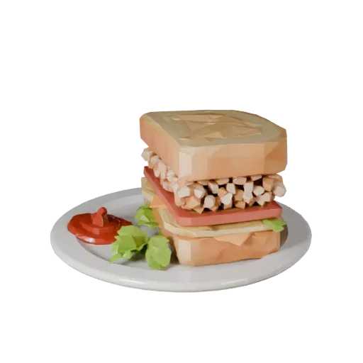 Sandwich Low Poly 3D-Modell, Spiel-Viewport-Drei-Viertel-Ansicht, zeigt Saucen, angerichtete Komposition.