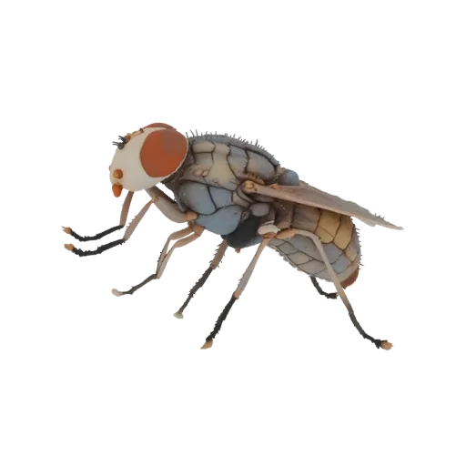 3D Modell Fliege mit behaarten Beinen und Bauch, Seitenansicht