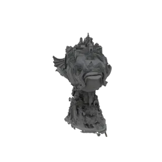 Modello 3D di un castello fantasy costruito sulla testa di un pesce stilizzato, con intricati dettagli architettonici e un de