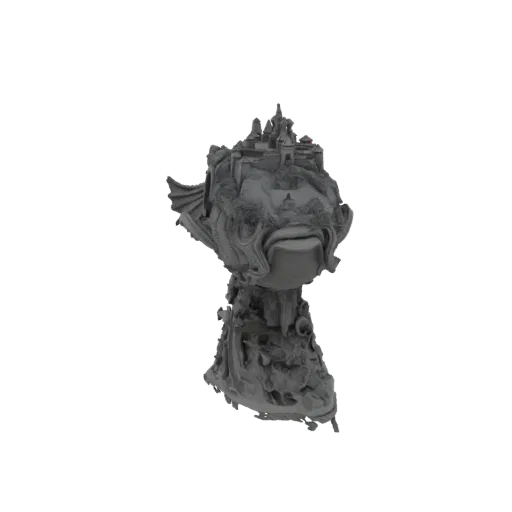 3D-Modell eines Fantasy-Schlosses, das auf dem Kopf eines stilisierten Fisches gebaut wurde, mit komplexen architektonischen
