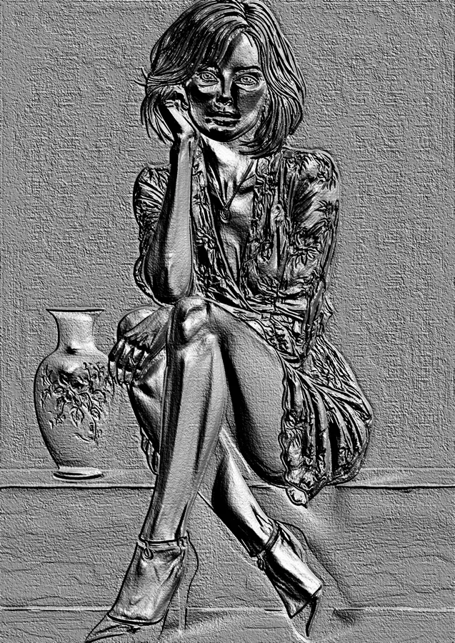 Modèle 3D de jeune fille assise avec une vase, style bas-relief classique