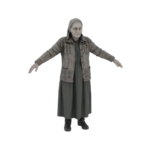 3D model of an elderly woman with gray hair, wearing a knitted cardigan and a long skirt, standing with arms outstretched.