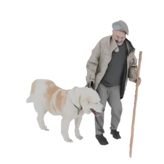 Modello 3D di un uomo anziano in cappotto e cappello, che porta a spasso un cane e tiene un bastone di legno, su sfondo bianc