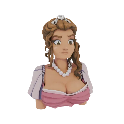 3D model render of a stylized princess bust with brown curly hair, a tiara, and a pearl necklace, looking slightly to the sid