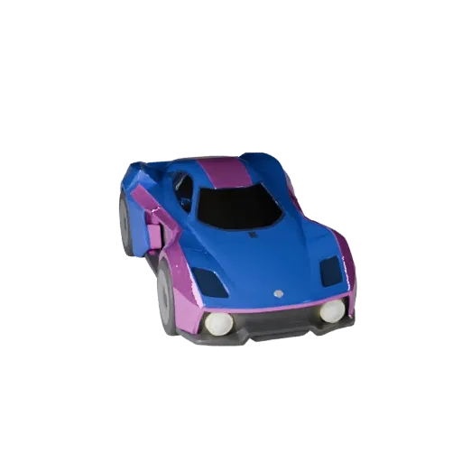 Modèle 3D de voiture Sci-Fi cartoon, vue studio trois-quarts, atout de véhicule stylisé avec panneaux futuristes, zones de pr