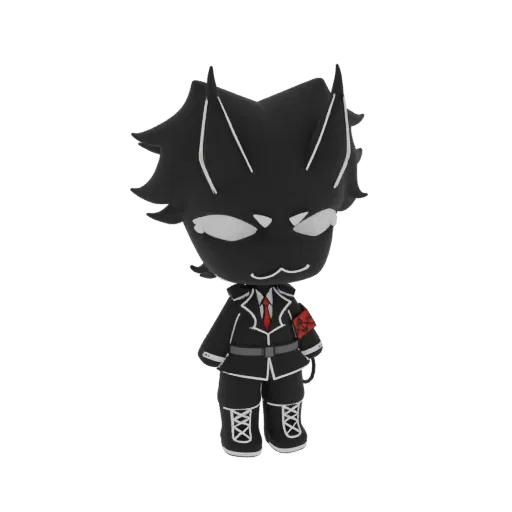3D model of a chibi black cat character in a black military uniform with a red tie and emblem, standing and looking forward.