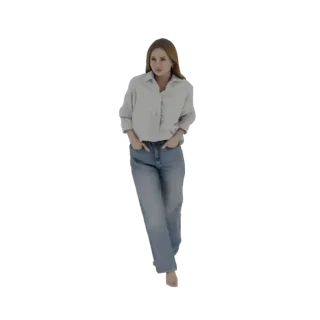 Modello 3D di una giovane donna con capelli biondi, che indossa una camicia abbottonata chiara e jeans blu, camminando con le