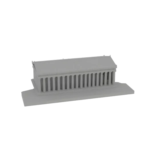 3D model of an Ancient Greek temple with Doric columns and a pediment, shown from a side angle on a light gray background.