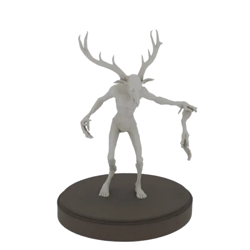 Ein blasses, untexturiertes 3D-Modell einer hageren Geweihkreatur mit schädelartigem Gesicht, stehend auf einem dunklen Runds