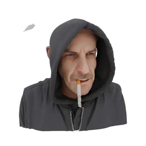 3D model of a man wearing a dark hoodie with a cigarette in his mouth, looking to the side.