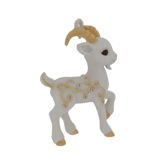 3D model of a white goat ornament with gold swirl details, featuring golden horns and hooves, with a loop for hanging.