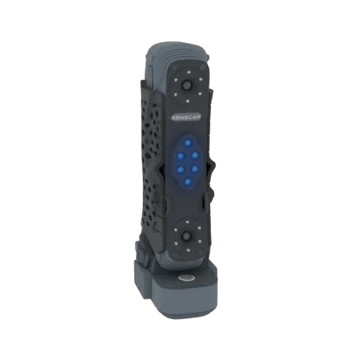 3D model of a Renishaw REVO-2 scanning head, a sophisticated industrial metrology device with intricate details and a dark gr