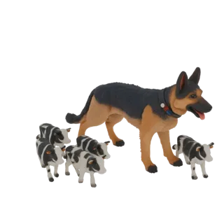 3D model of a German Shepherd herding a group of black and white cows, with detailed fur and poses.