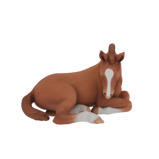 A 3D render of a brown foal lying down with white markings on its face and legs, on a white background.