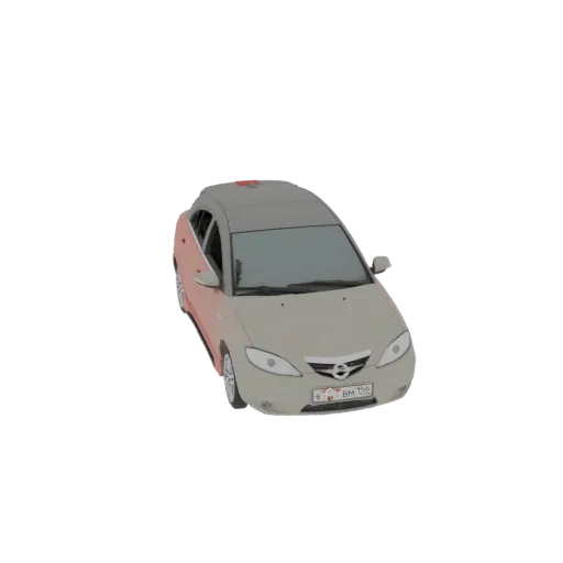 3D-Modell einer modernen Limousine in zweifarbigem Grau- und Korall-Finish, aus leicht erhöhter Perspektive betrachtet.