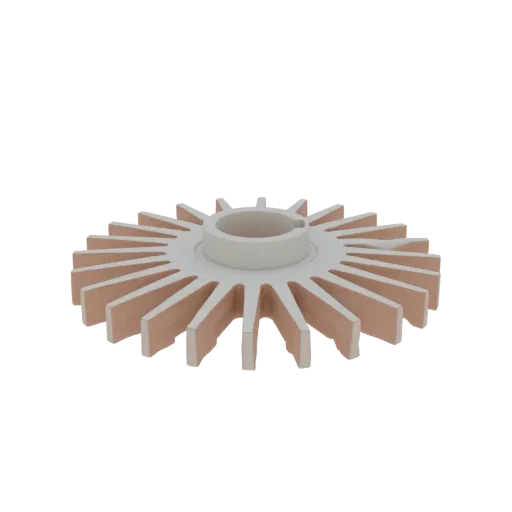 3D model of a radial fan impeller with a central hub and multiple outward-extending fins, rendered in a neutral tone.
