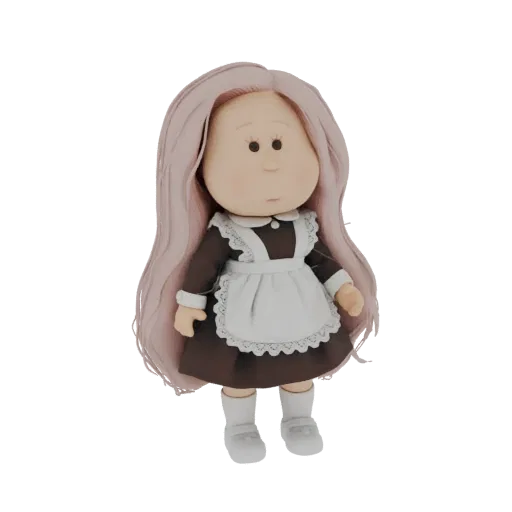 3D-Modell einer niedlichen Puppe, gekleidet als Dienstmädchen, mit langen rosa Haaren und einer braunen Uniform mit weißer Sc