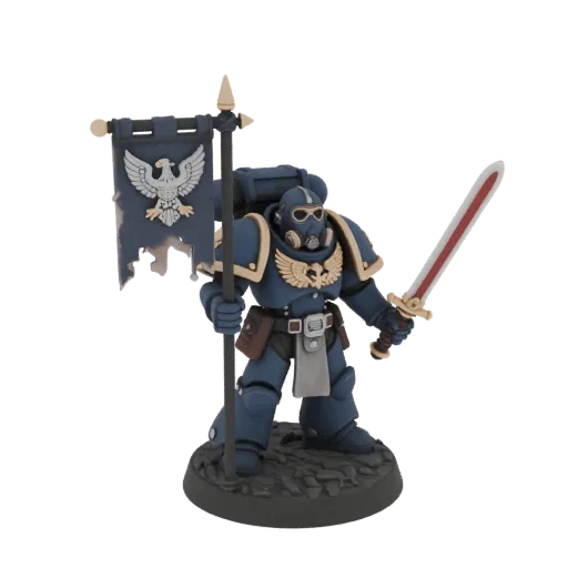 3D model of Imperial Commissar in blue armor, with gas mask, sword, and banner with Imperial Eagle.
