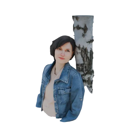 3D model of a woman in a denim jacket leaning against a birch tree, rendered on a white background.