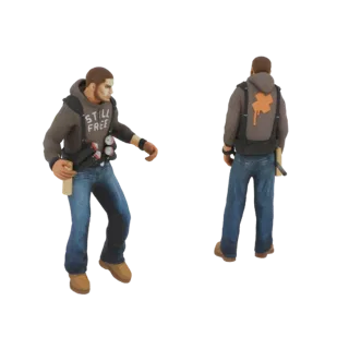 Front and back view of a 3D model of a male survivor in post-apocalyptic clothing, wearing a tactical vest with supplies and