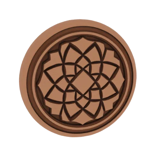 3D model render of a circular wooden carving with a complex, layered geometric pattern in warm brown tones.