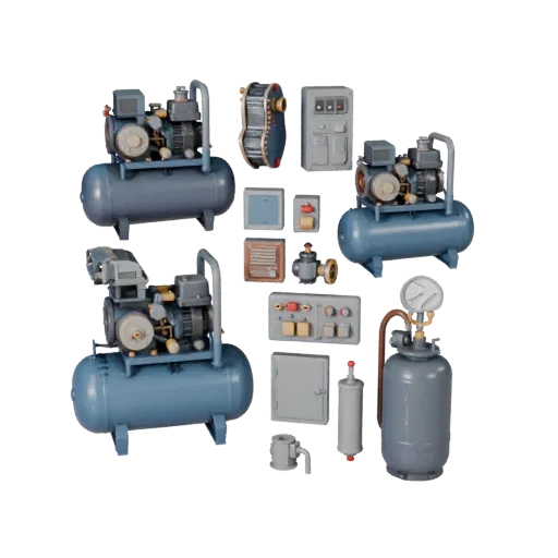 Air Compressor Stylized 3D model, stylized isometric render, showing painted steel, machine stations.