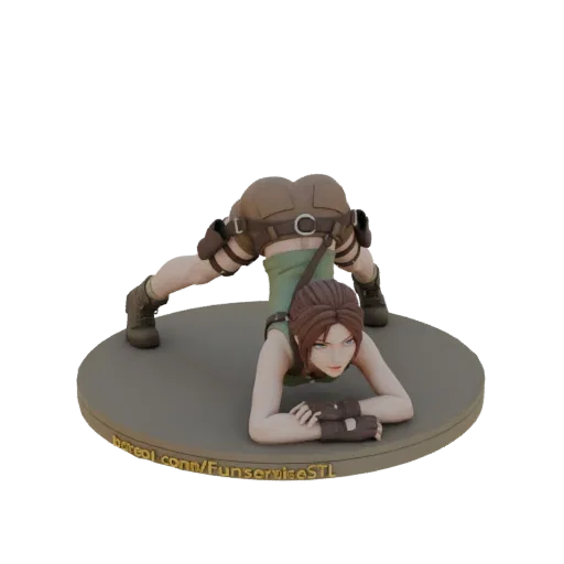 3D model of Lara Croft in a dynamic action pose, wearing her iconic outfit, on a circular display base.