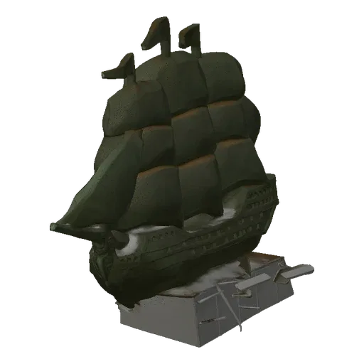 3D model of an antique galleon ship with multiple masts and furled sails, presented against a black background.