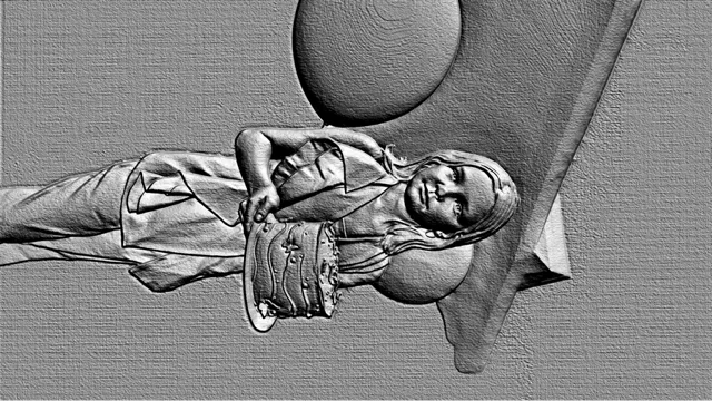 3D model of a girl holding a cake, bas-relief style
