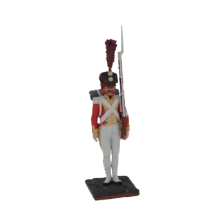 3D model of a 19th-century British infantryman in red coat, white pants, and feathered hat, holding a musket, standing on a t
