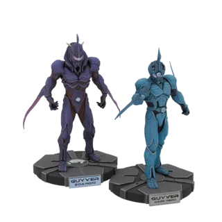 3D-Modelle von zwei Guyver-Charakteren, Dark Hero in Blau und Zoa Hoio in Lila, auf sechseckigen Sockeln stehend.