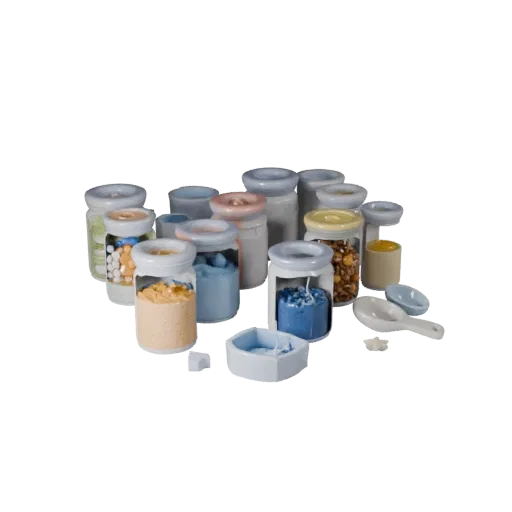 Baking Spice Jars Printable 3D model, isometric STL render, showing powders, small ingredient shapes.